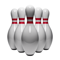 Five white bowling pins stand tall, each marked with a red band at the top, ready for the next game isolated on transparent background png