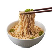A bowl of savory noodles topped with vibrant green peppers, lifted with chopsticks isolated on transparent background png