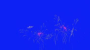 Abstract Real Firework on blue screen chroma key background, 4th of July independence day and new year eve 2024 concept. High quality 4k chromakey slow motion cinematic video