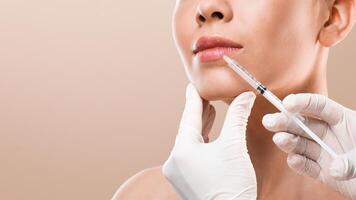Lip injection for unrecognizable young woman, cropped, grey studio background, copy space photo