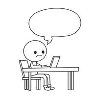 Tired little man working on computer. Doodle style illustration vector