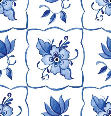 watercolor seamless pattern. tiles with blue flowers and ornaments