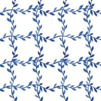 cute watercolor seamless pattern with blue checkered and leaves. simple print vector