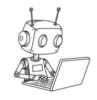 cute robot working on laptop, computer. doodle style illustration vector