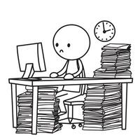 Tired little man working on computer. Illustration in doodle style vector