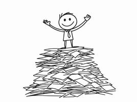 Stickman smiling while standing on a stack of papers. Doodle style illustration vector