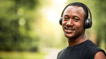 Portrait of smiling black guy with wireless headset, training at park, free space photo