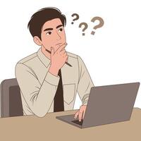 Man Thinking While working on Laptop, business concept vector