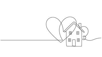 Continuous Line Drawing of House with Heart Symbol on Transparent Background. eps 10 vector