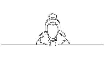 Minimalist one line drawing of person in winter attire with fuzzy hat vector