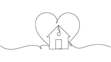 Continuous line drawing of a house within a heart shape on transparent background. eps 10 vector