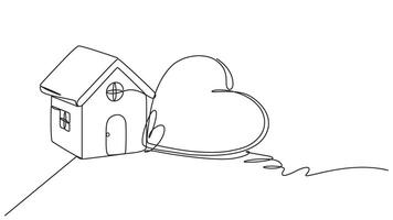 Line art depiction of a charming house with a heart representing home. eps 10 vector