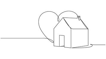 Minimalist continuous line drawing of a house with a heart shape backdrop. eps 10 vector