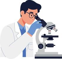 Scientist observing samples through a microscope in a flat illustration vector