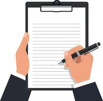 Hands holding a clipboard while writing with a pen in a flat illustration vector