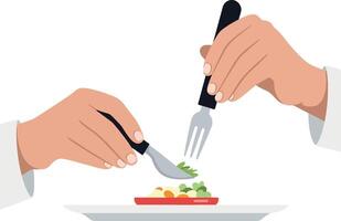 Two hands elegantly preparing a colorful salad on a white plate in flat art vector