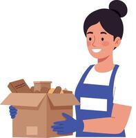 Person smiling while holding a cardboard box filled with items in a minimal flat design illustration vector