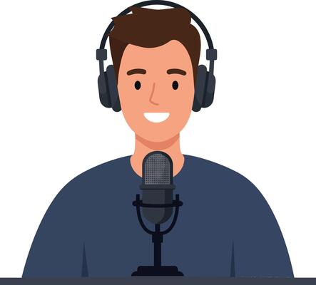 Young male podcaster with headphones speaking into microphone in flat illustration