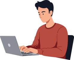 Young man working intently on a laptop while seated at a desk in a minimalist flat illustration vector