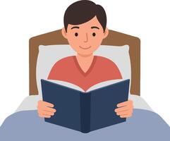 Young boy reading a book in bed with a relaxed expression, flat illustration vector