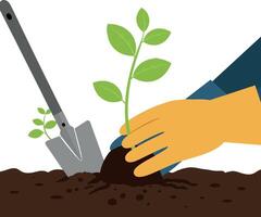 Hand planting a young green plant in rich soil with a shovel in a minimal illustration vector
