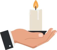 Hand holding a lit candle with a warm glow in a minimal illustration vector