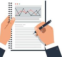 Hands holding a notepad and pen while analyzing data trends in a flat illustration vector