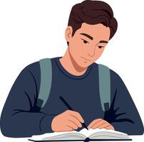 Young man studying with a notebook and pen in a flat illustration vector