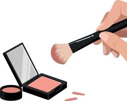 Hand applying blush with a brush from a compact in minimal illustration vector