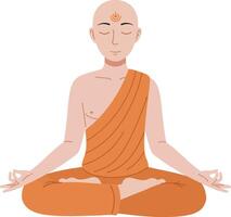 Meditating monk in orange robe practicing mindfulness in a serene and peaceful setting illustration vector