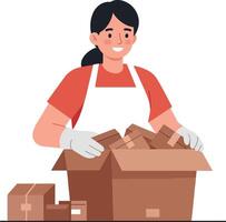 Smiling woman unpacking boxes in a minimal, modern workspace with a cheerful atmosphere, illustration vector