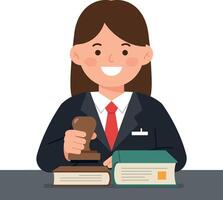 Confident young woman in a black suit using a gavel with law books in a minimal illustration vector