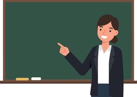 Teacher presenting lesson in a classroom with chalkboard in a flat illustration vector