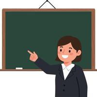 Teacher in a black suit pointing at a green chalkboard in a flat illustration vector