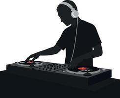 DJ mixing music on turntables in a minimal illustration with vibrant colors and dynamic shapes vector