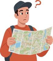 Young man looking confused while holding a folded map in flat art vector