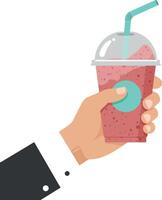 Hand holding a colorful smoothie cup with a straw in a minimal illustration vector