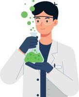 Scientist in a lab coat holding a flask with bubbling green liquid in a flat illustration vector