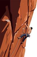 A climber scaling a rugged rock face in flat design art vector