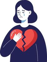 A woman holding a broken heart symbol in a minimal and emotional illustration vector