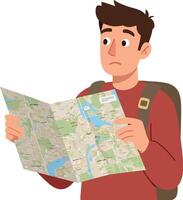 A young man looking puzzled at a map while wearing a backpack in a flat illustration vector