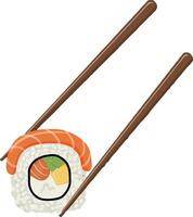 Sushi roll with colorful fillings held by chopsticks in a flat illustration vector