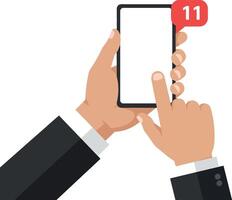 Hands holding a smartphone with notifications in a minimal flat design illustration vector