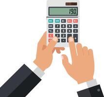 Hands holding a calculator with business attire in a minimal flat design illustration vector
