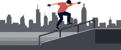 A skateboarder performing tricks on a rail in a city skyline flat illustration vector