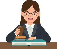 Smiling woman in a suit using a stamp on a book in flat illustration vector