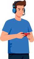 Young man in blue shirt enjoying gaming with controller and headset in flat illustration vector