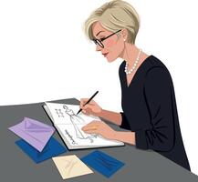 Stylish woman sketching designs at a table with colorful envelopes in a minimal illustration vector