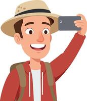 Smiling young man taking a selfie while wearing a hat and backpack in a cheerful flat illustration vector