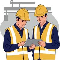 Two construction workers in safety gear collaborating on a tablet while reviewing project plans in flat art vector